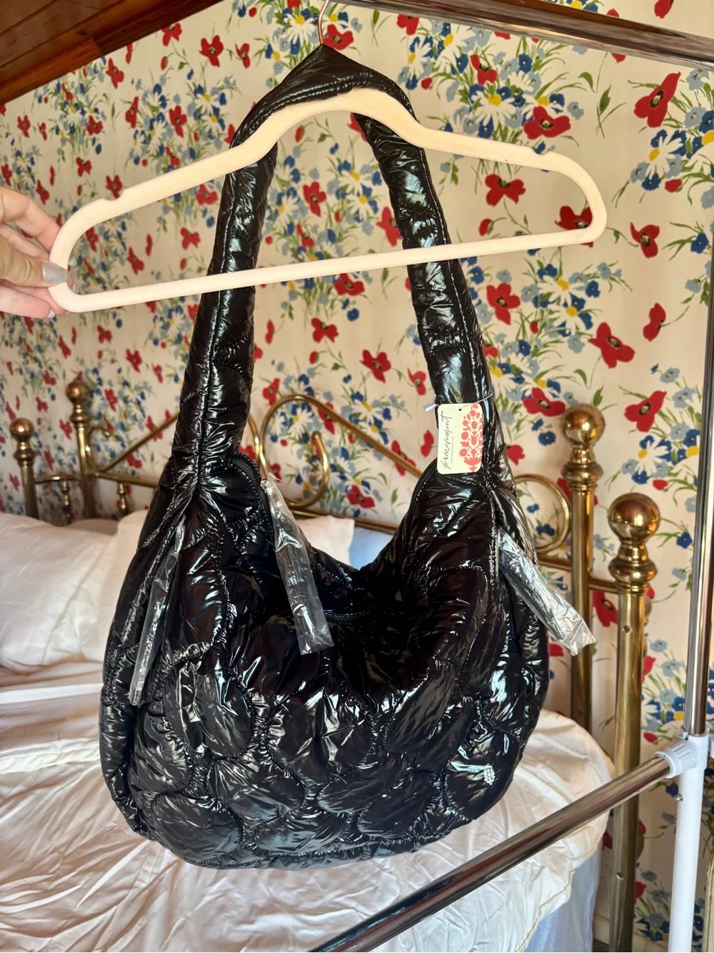 fp movement free people surplus shine carryall black patent puffer bag nwt